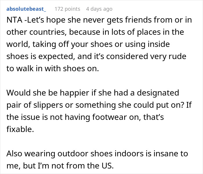 Text discussing house rules about wearing shoes indoors and cultural differences.
