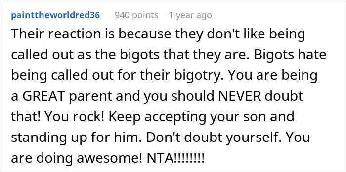 Supportive comment addressing bigotry, praising parenting and acceptance for a gay son.