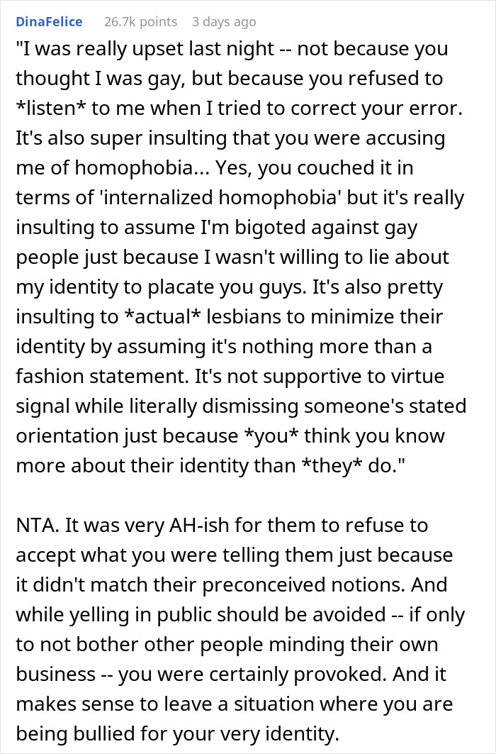 Comment about assumptions regarding a woman's identity and accusations of homophobia. Comment about assumptions regarding a woman's identity and accusations of homophobia.