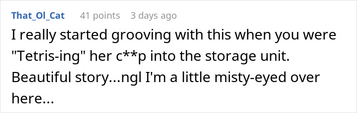 Reddit comment about a person stacking items in storage, expressing emotional impact of the story.