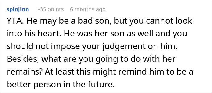 Text screenshot discussing guy's actions regarding mother's ashes and judgment. Text screenshot discussing guy's actions regarding mother's ashes and judgment.