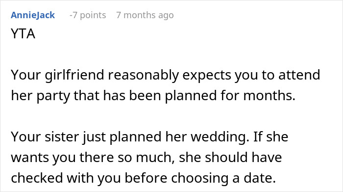 Text discussion on attending a girlfriend's birthday party versus a sister's wedding.