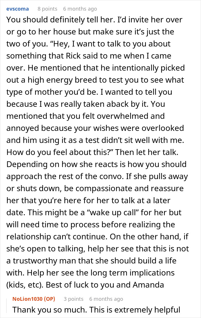 Reddit discussion on testing a fiancée's maternal instincts with a high-energy dog breed. Reddit discussion on testing a fiancée's maternal instincts with a high-energy dog breed.