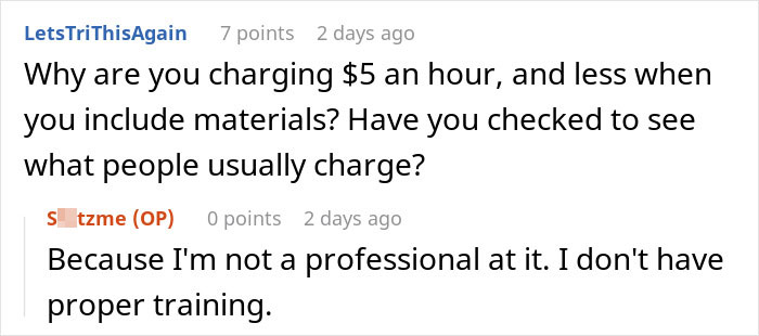 Reddit user questions low rates; response: lack of professional training, related to wedding refund story.
