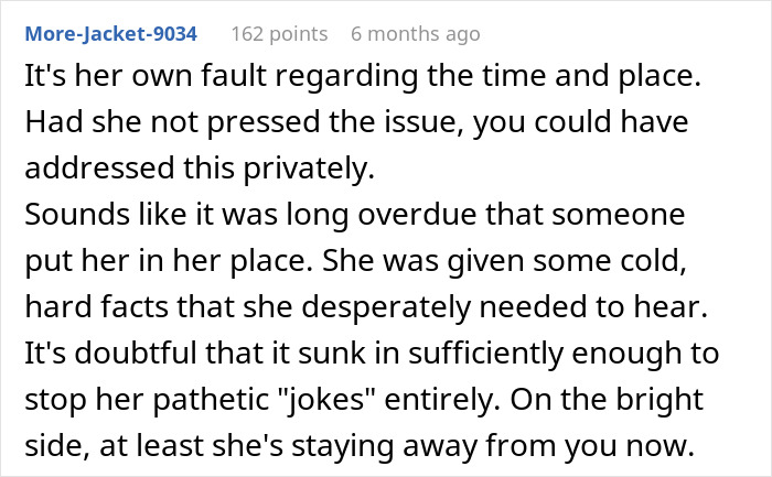 Text conversation discussing how a nosy coworker was publicly called out for announcing a woman's pregnancy. Text conversation discussing how a nosy coworker was publicly called out for announcing a woman's pregnancy.