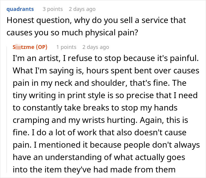 Reddit conversation about an artist discussing physical pain from working long hours.