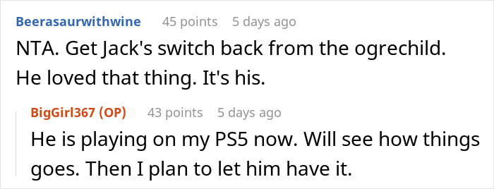 Reddit comments about Jack's Switch and PS5, discussing 'Golden Child' boundaries and nephew's situation.