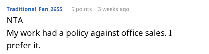 Reddit comment on office sales policy, related to buying Girl Scout cookies. Reddit comment on office sales policy, related to buying Girl Scout cookies.