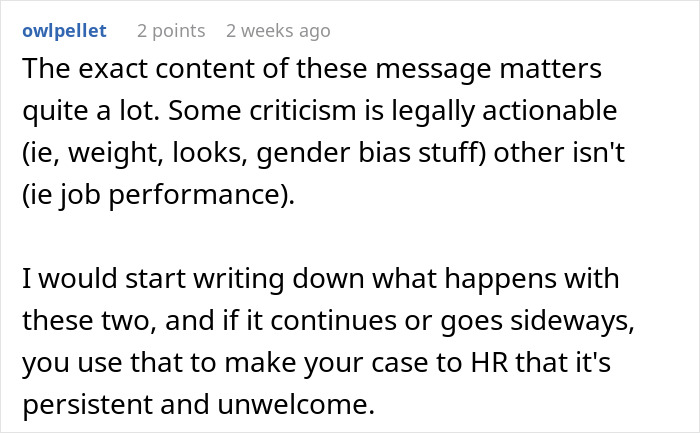 Text conversation discussing manager criticism and HR action steps for unwelcome comments.