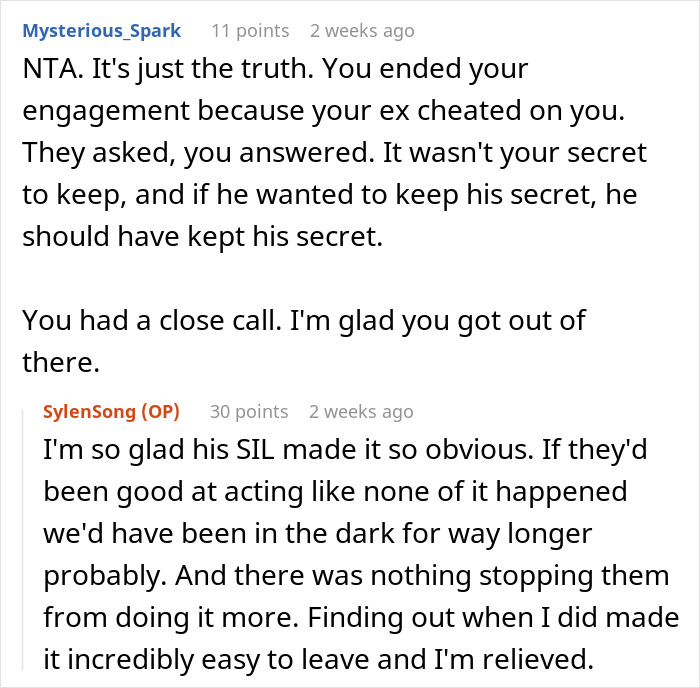 Social media comments discussing woman revealing truth to ex's family about breakup.