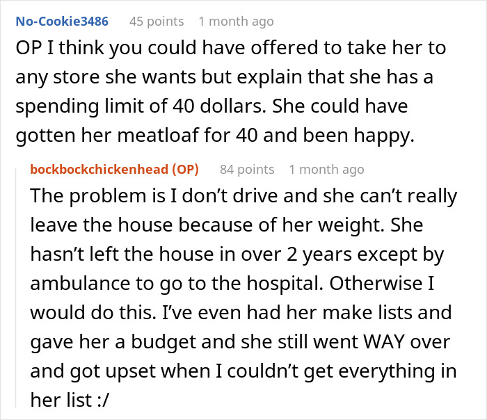 Reddit comments discussing offering to get groceries, mentioning a budget and shopping at Dollar Tree.