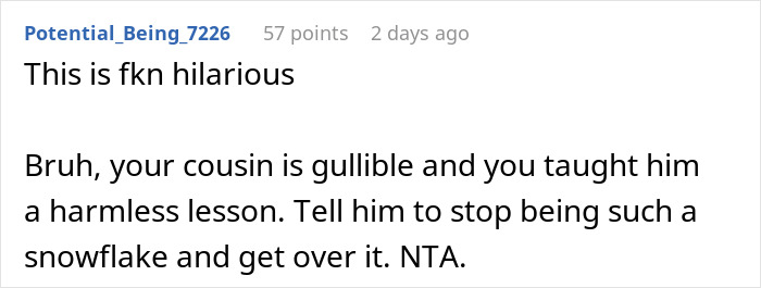 Screenshot of a comment praising a prank on an anti-woke cousin, calling it hilarious and a harmless lesson. Screenshot of a comment praising a prank on an anti-woke cousin, calling it hilarious and a harmless lesson.