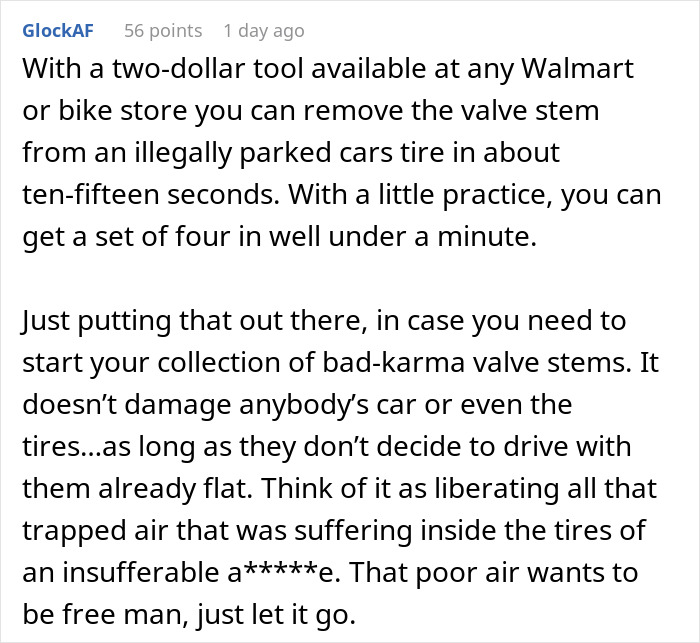 Text explaining a tool to remove valve stems from tires of illegally parked cars quickly and humorously.