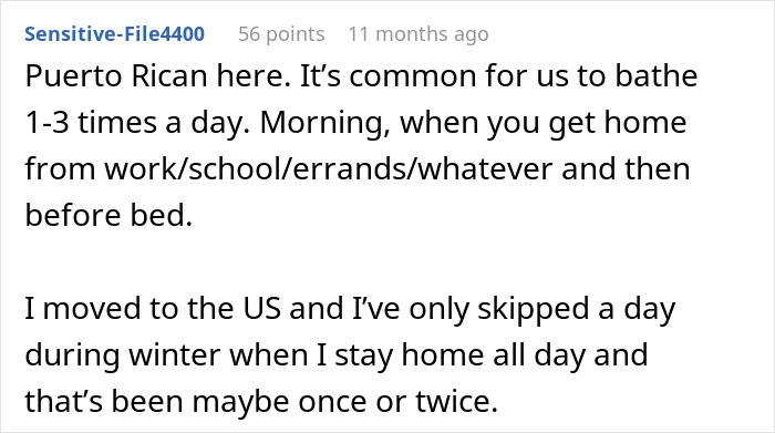 Reddit comment discussing frequent bathing habits and cultural differences related to showering regularly.
