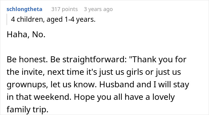 Text response advising a child-free couple on how to decline a vacation with young kids.