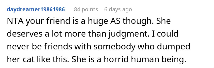 Comment criticizing a woman for dumping her cat on the street, calling it "re-homing.