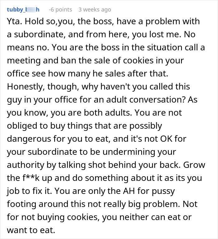 Text discussion about a man trying to guilt a manager into buying cookies despite gluten restrictions. Text discussion about a man trying to guilt a manager into buying cookies despite gluten restrictions.