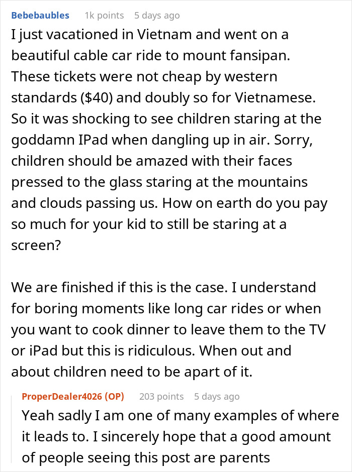 Reddit comment discussing the impact of technology on children, mentioning iPad usage. Reddit comment discussing the impact of technology on children, mentioning iPad usage.