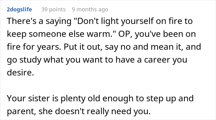 Text post on choosing personal future over babysitting sister's kids, advising prioritization and independence.