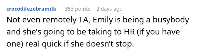 Comment discussing a workplace disagreement involving a coworker potentially going to HR.