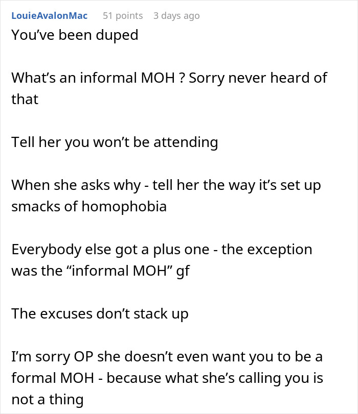 Text screenshot of advice about a gay woman not getting a plus-one at a wedding, discussing informal MOH and homophobia concerns. Text screenshot of advice about a gay woman not getting a plus-one at a wedding, discussing informal MOH and homophobia concerns.