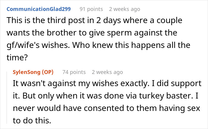 Screenshot of a Reddit conversation about a couple, sperm donation, and relationship honesty.