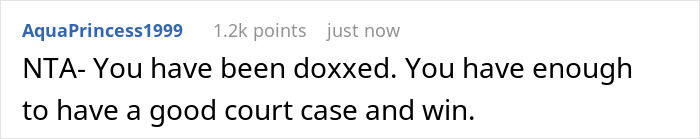 Comment discussing doxxing and potential court case related to a couple's private home tour incident. Comment discussing doxxing and potential court case related to a couple's private home tour incident.