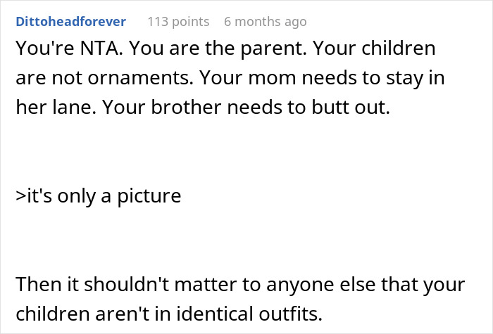 Text screenshot discussing a woman dressing her twins differently, asserting parental rights over matching outfits. Text screenshot discussing a woman dressing her twins differently, asserting parental rights over matching outfits.