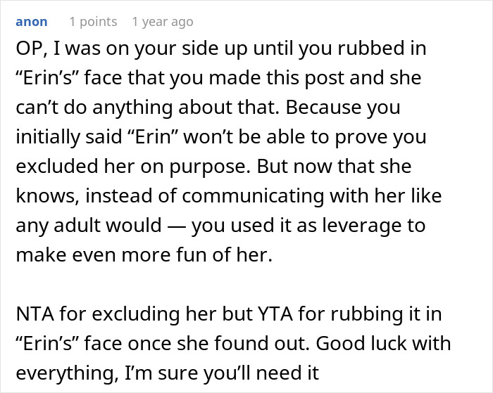 Reddit comment discussing a conflict involving a vegan sister-in-law and family exclusions. Reddit comment discussing a conflict involving a vegan sister-in-law and family exclusions.