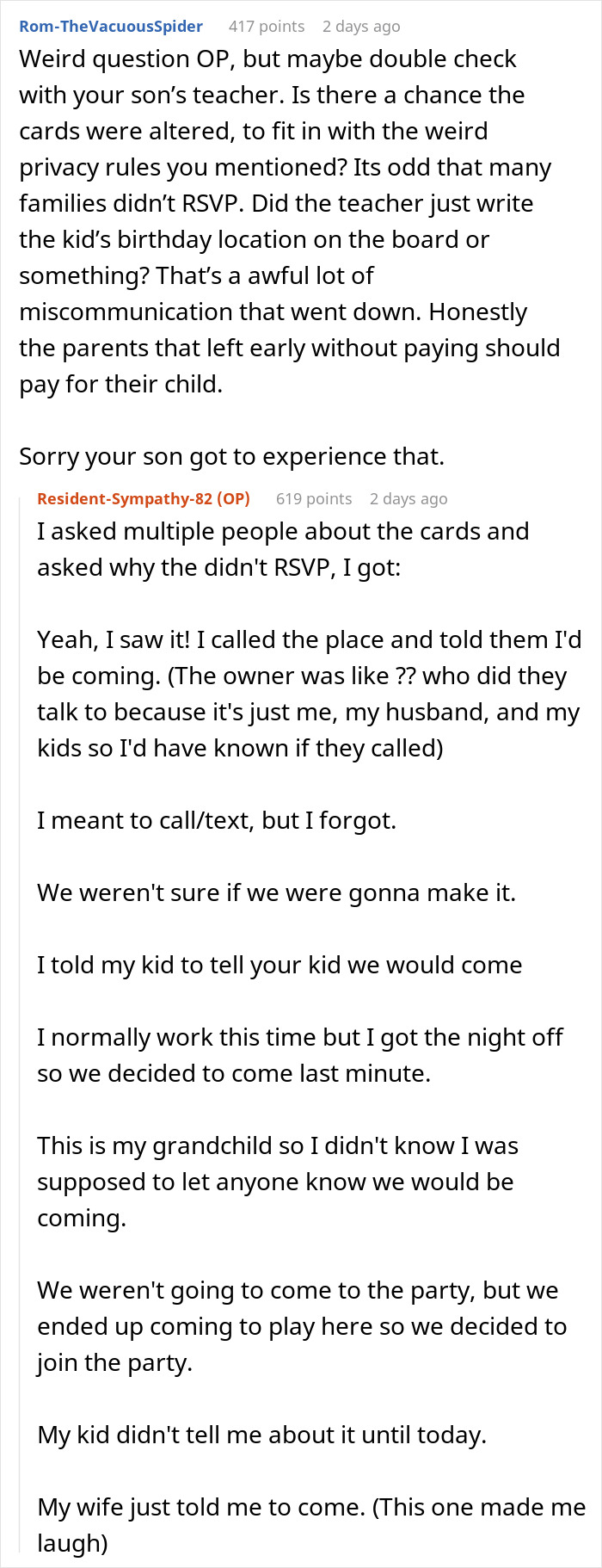 Text discussion about RSVPs for son's party; guests came with siblings, no presents.