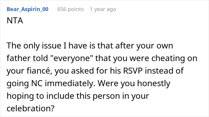 Reddit comment discussing a dad choosing his wife over daughter for wedding issues.