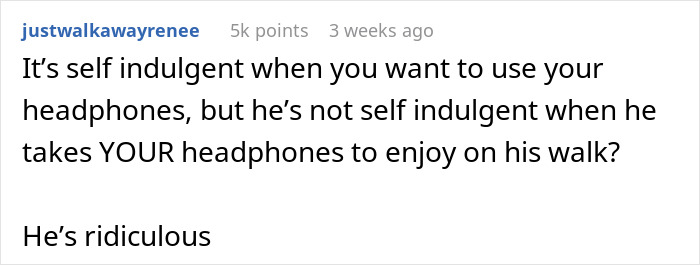 Comment discussing husband's reaction to wife's headphone use at the gym, highlighting self-indulgent behavior.