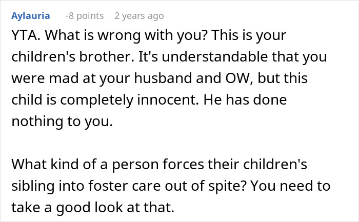 Reddit comment criticizing a woman for her actions against her ex's affair child. Reddit comment criticizing a woman for her actions against her ex's affair child.