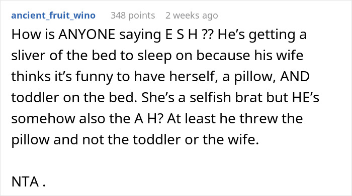 Reddit comment discussing a husband's actions on bed space involving a pillow, his wife, and their toddler.
