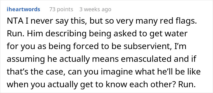 Text response discussing red flags about refusal to get water in a relationship context. Text response discussing red flags about refusal to get water in a relationship context.