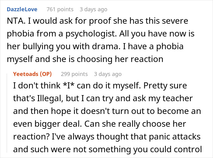 Conversation about student's acne causing classmate's panic attacks, discussing phobia proof and response choice.