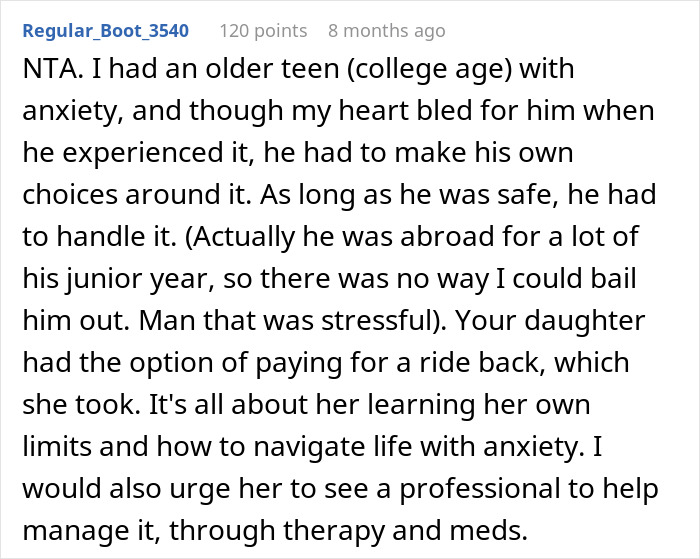 Text discussing parenting decisions and handling anxious teens with options like paying for rides and learning independence. Text discussing parenting decisions and handling anxious teens with options like paying for rides and learning independence.