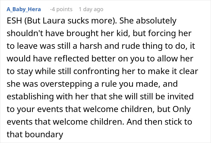 Reddit discussion about enforcing a child-free birthday dinner policy, mentioning ES (Everyone Sucks).