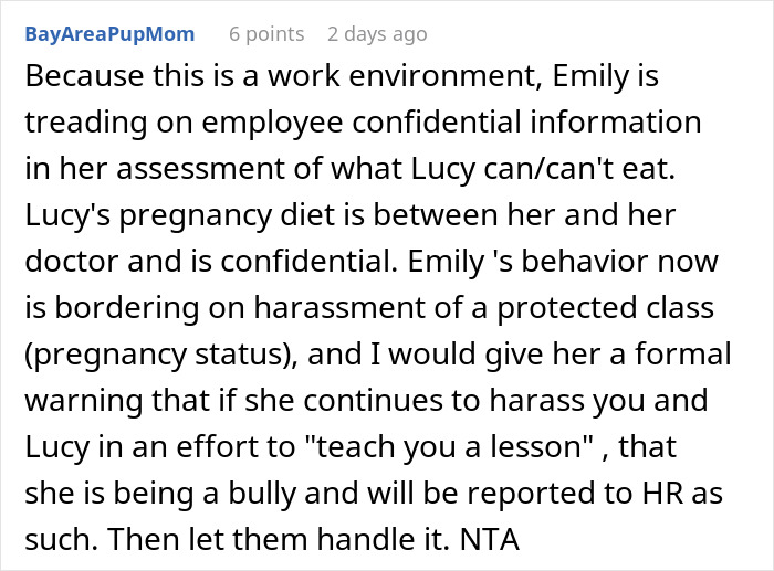 Text comment discussing workplace harassment related to a pregnant coworker's diet.