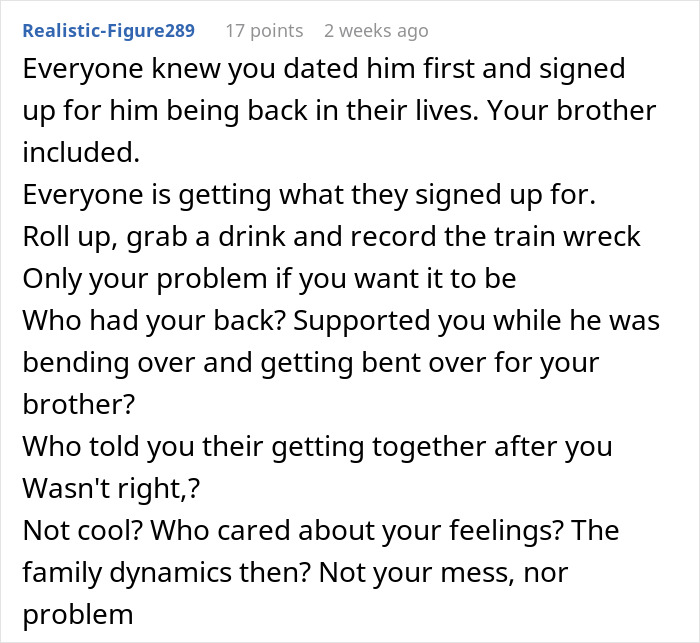 Text exchange discussing awkward family dynamics after brother's ex married the sister's sibling.