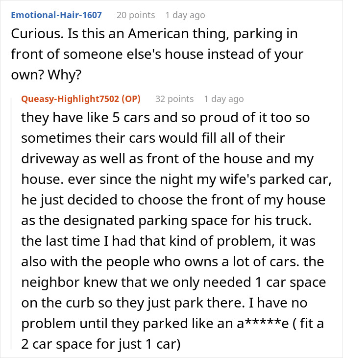 Text conversation discussing revenge on neighbor over parking disputes.