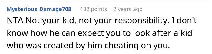 Reddit comment discussing a woman's refusal to care for her ex's affair child. Reddit comment discussing a woman's refusal to care for her ex's affair child.