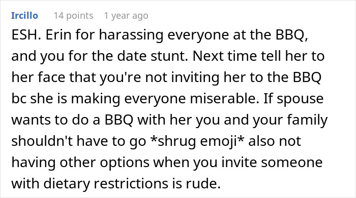 Reddit comment discussing issues at family BBQ with vegan SIL causing tension over dietary restrictions. Reddit comment discussing issues at family BBQ with vegan SIL causing tension over dietary restrictions.