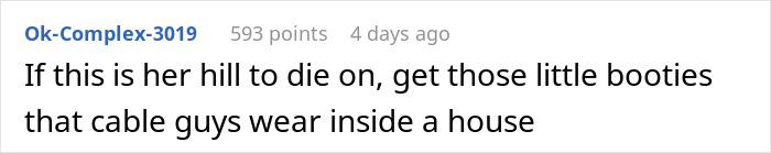 Comment discussing a woman's reaction to a house rule involving wearing booties indoors.