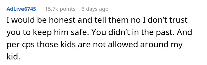 Comment discussing trust issues related to a son and his stepsiblings.