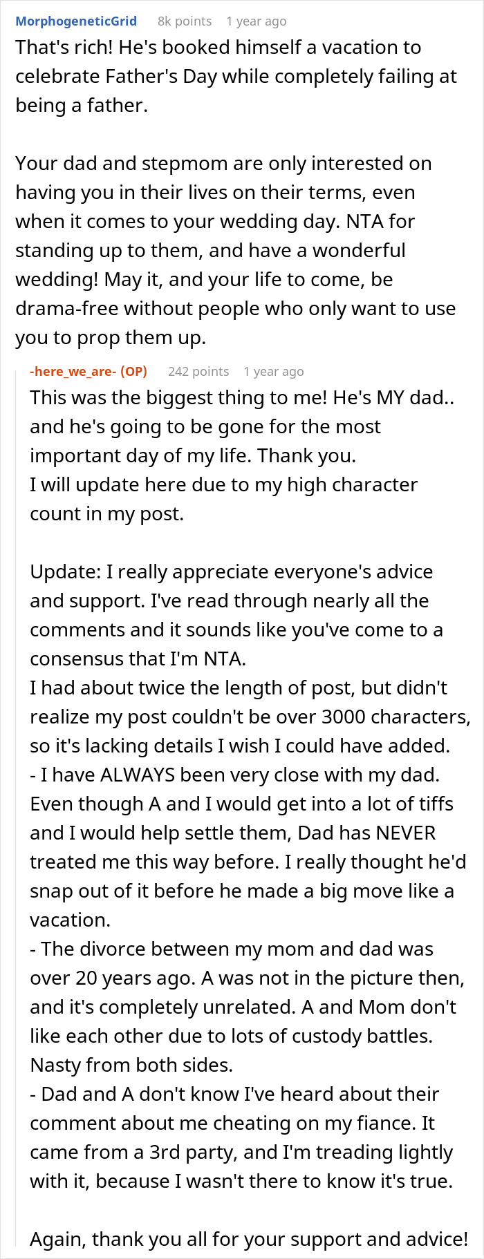 Reddit comments discussing a dad choosing his wife over his daughter by skipping her wedding.