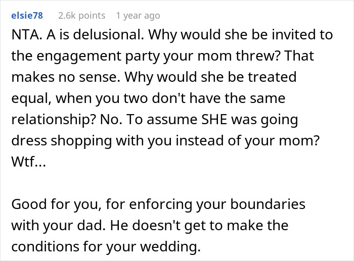 Reddit comment discussing a dad choosing wife over daughter, supporting daughter's wedding decisions.