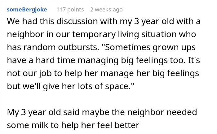 Text post humorously depicting a child's suggestion for a neighbor's big feelings.