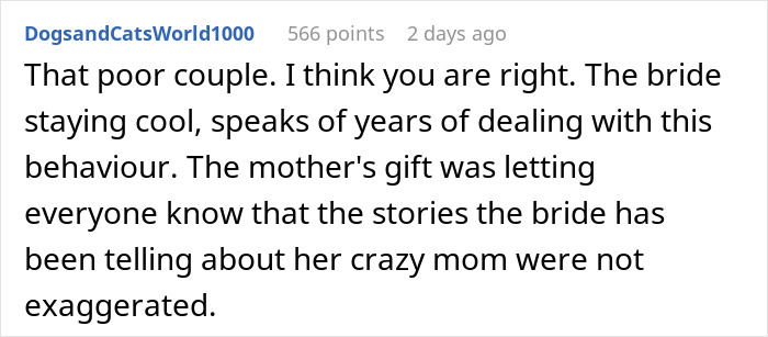 Reddit comment criticizing MIL's failed attempt at attention-seeking during a wedding, supporting the bride. Reddit comment criticizing MIL's failed attempt at attention-seeking during a wedding, supporting the bride.