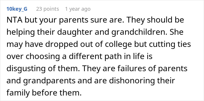 Reddit comment criticizing parents' response during a tough conversation.